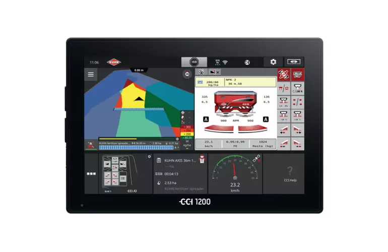 Terminal ISOBUS CCI 1200 pour régulation épandeur à engrais.