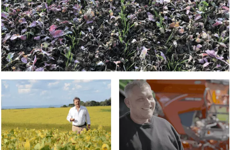 paisaje y campos con agricultores felices