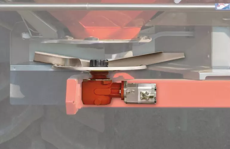 Vista del motor hidráulico que acciona los discos de las abonadoras AXIS H-EMC.