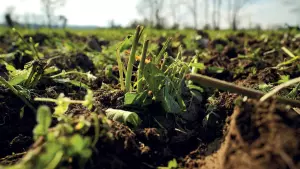 tallos de plantas en cultivo de cobertura desmenuzados por rodillo picador