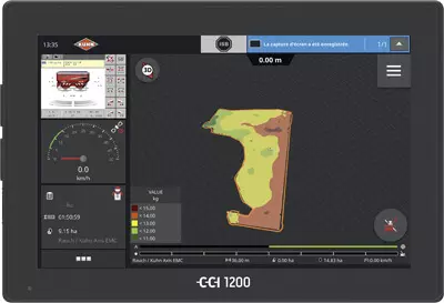 Terminal ISOBUS CCI 1200 que muestra un mapa con distintas dosificaciones mediante la aplicación Task Control 