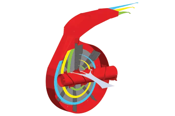 La cámara de desmenuzado neumática de la empajadora distribuidora PRIMOR 3570 M de KUHN desenreda eficazmente la paja sin cortarla.