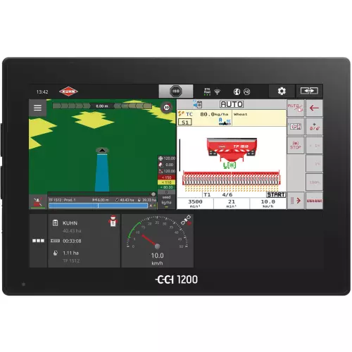 Pantalla del terminal CCI 1200 con barra de siembra ISOBUS neumática BTF y tolva frontal TF 1512