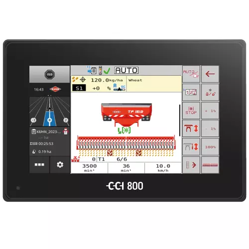 Pantalla del terminal CCI 800 con barra de siembra ISOBUS neumática BTF y tolva frontal TF 1512