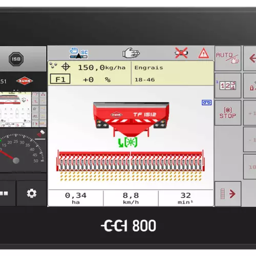 Terminal ISOBUS CCI 800 que muestra una pantalla de trabajo con la tolva frontal TF 1512