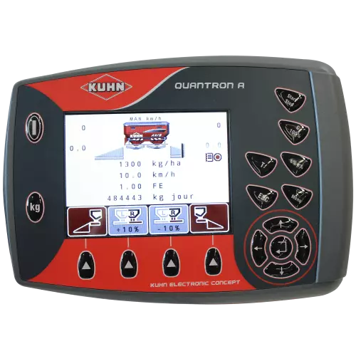 Terminal de control electrónico QUANTRON A para controlar fácilmente las trampillas en función de la velocidad de avance y con ajuste de la dosis mediante un terminal GPS externo.