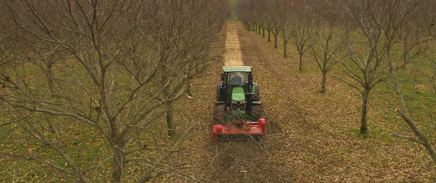 Trituradora TDP 2000 trabajando en plantaciones frutales en el sur de Francia. Tritura hileras voluminosas y realiza un trabajo de gran calidad.